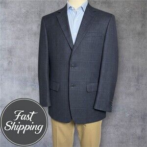 JOSEPH & FEISS Mens Blazer 44L WOOL Navy Sport Coat Two Button Jacket Windowpane